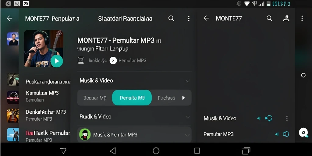 Tampilan antarmuka aplikasi Pemutar MP3 MONTE77 yang menarik dan mudah digunakan.