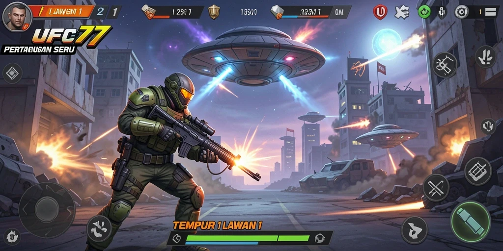 Tampilan antarmuka UFO77 yang menampilkan pertarungan 1 lawan 1.